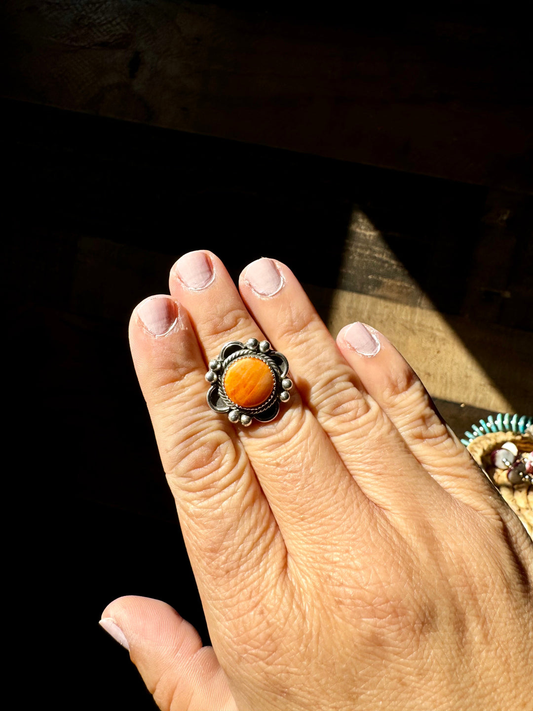 Ring size 8 - Orange spiny and sterling silver