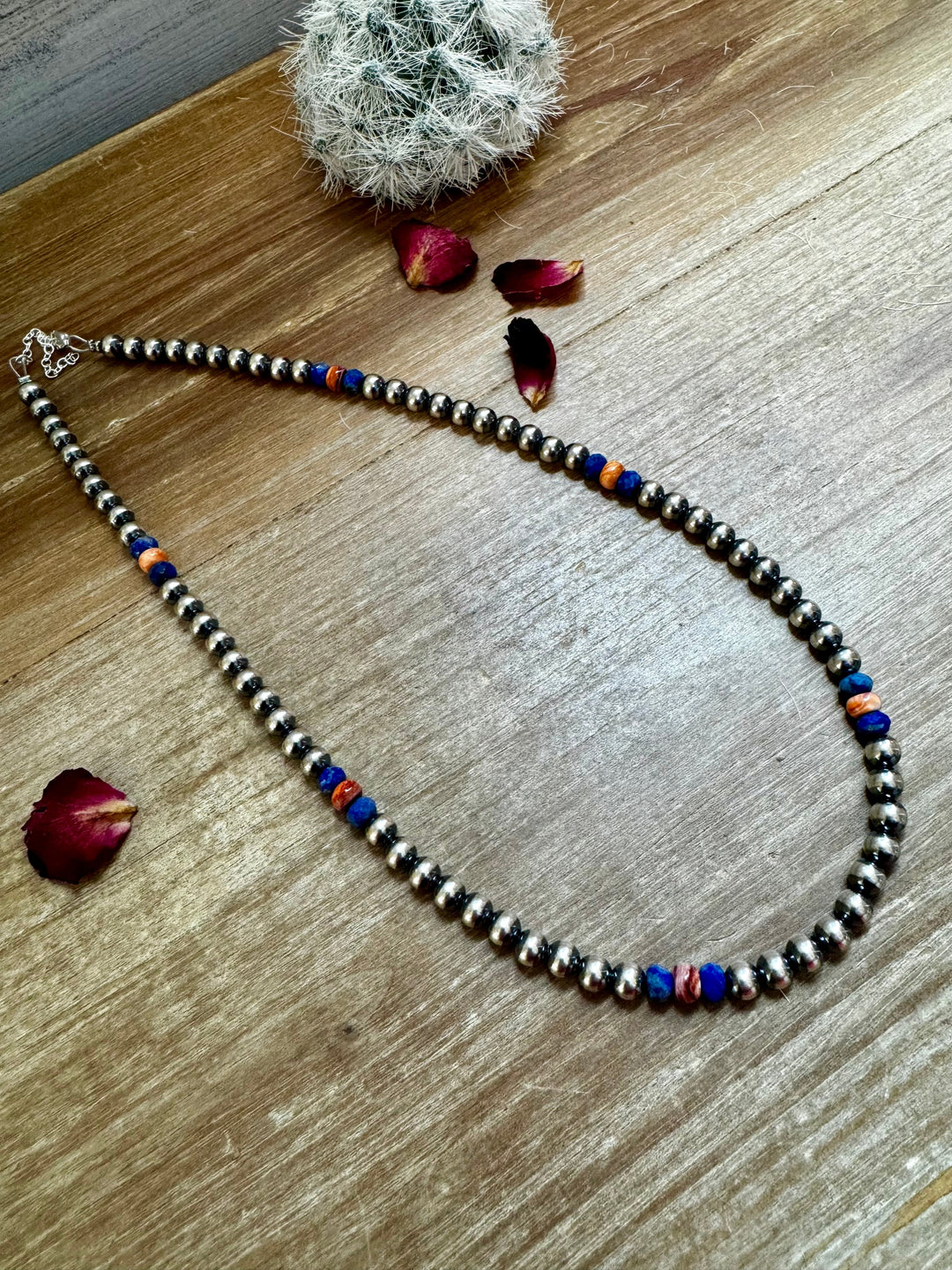 18 inch 6 mm Sterling Silver Pearls necklace lapis and spiny