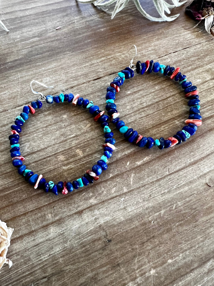 Lapis hoop earrings with spiny oyster and turquoise