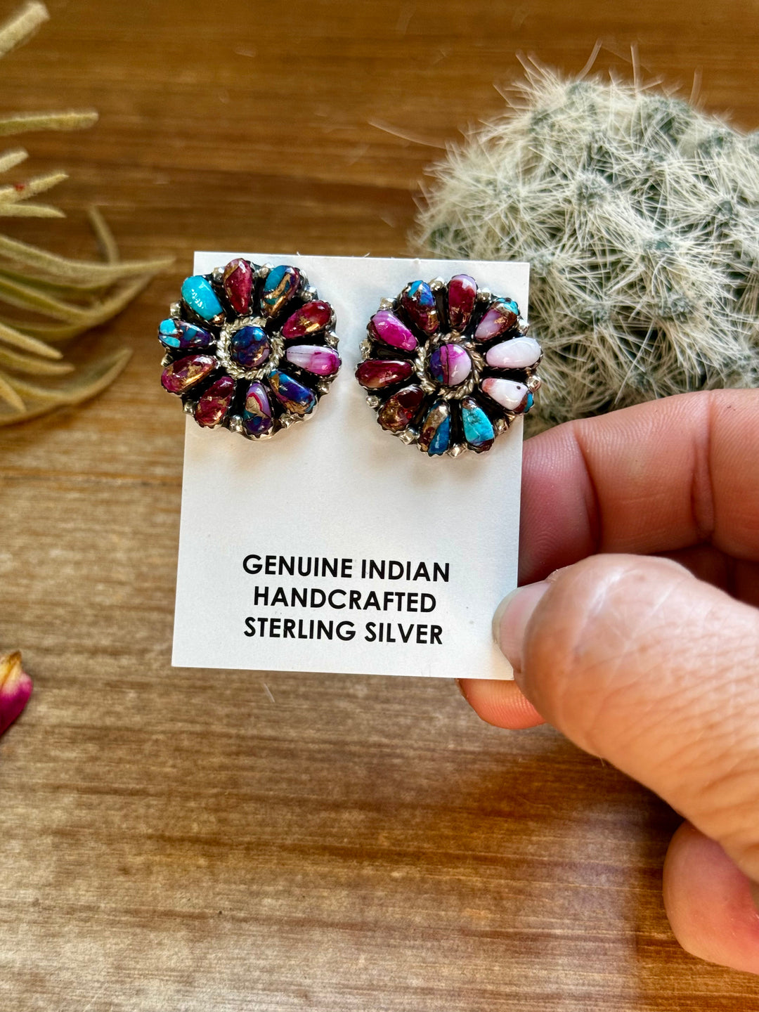 Mixed pink dahlia and purple Mohave flower stud earrings